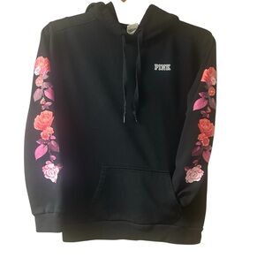 PINK Victoria’s Secret Black Hoodie with Rose Floral Sleeves
